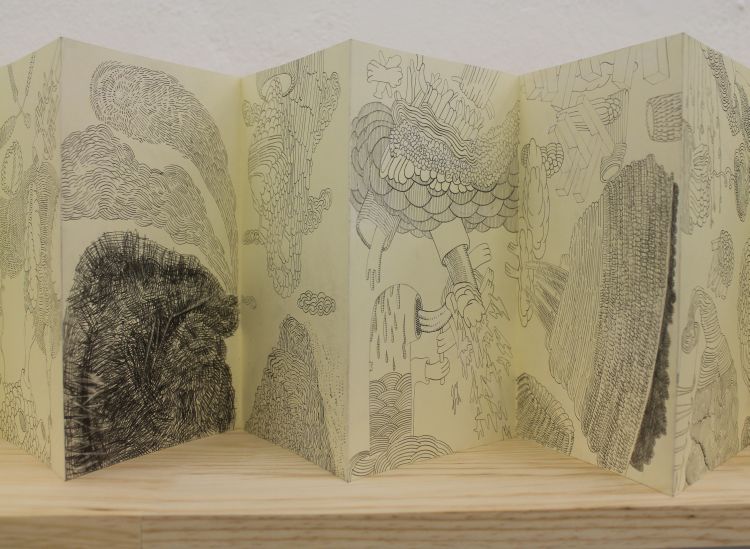 Click the image for a view of: Mark Kannemeyer/Lorcan White. Untitled (detail). 2014. Pencil drawing in concertina fold moleskin book